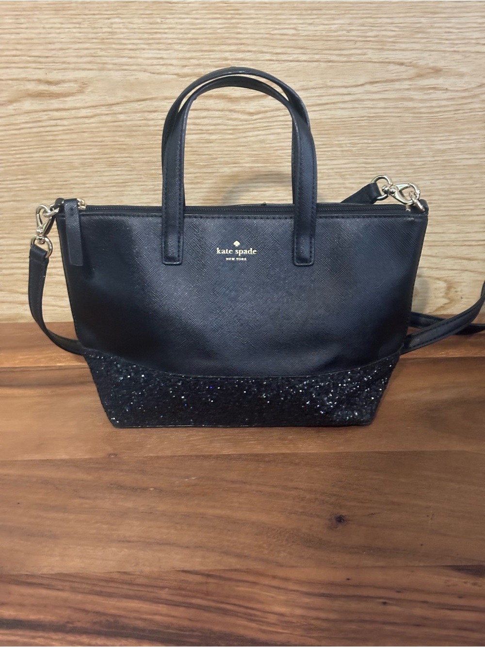 Kate Spade Greta Court Ina Satchel Small With Glitter On Bottom Black